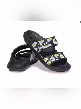 CROCS Black Daisy-Print Dual-Strap Kids Sandals